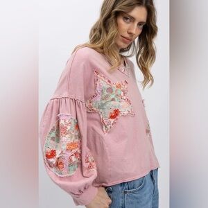 Knit Top with Boho Print Patchwork in Pink Blue velvet